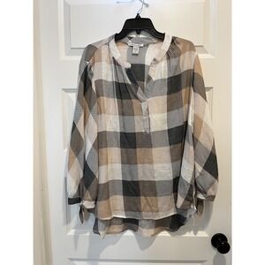 Sabrina Lauren Womens XL Plaid Split Neck Blouse Tan Black Tie Cuff High Low Hem